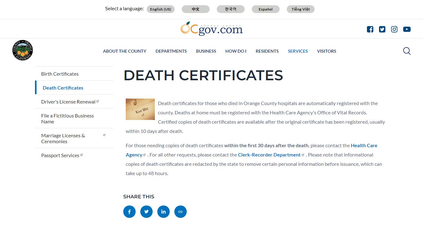 Death Certificates - Orange County, California